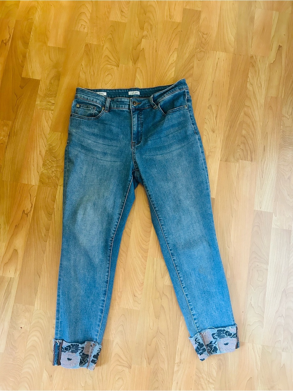 Tribal  Blue Denim Jeans with Cuffed Navy and Pink Hem